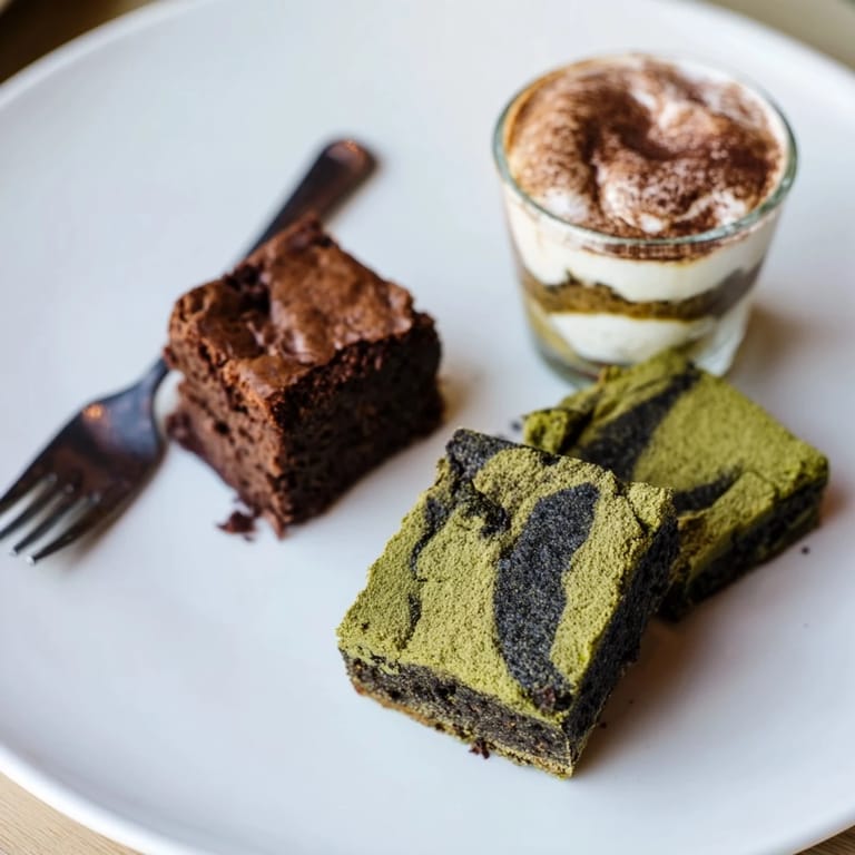 Decadent Global Dessert Mash-Ups showcase chocolatey matcha-miso brownies and creamy cheesecake bars.  
