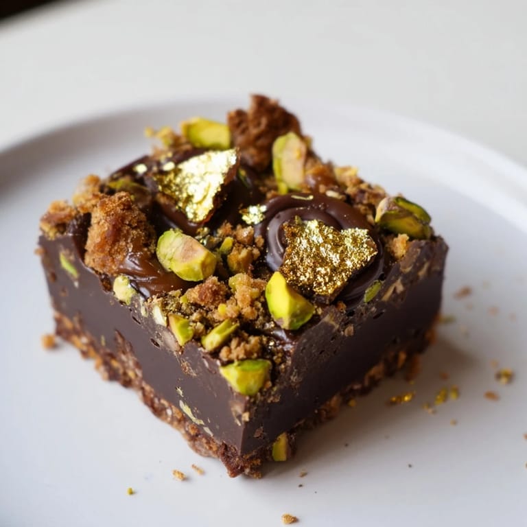 Indulgent chocolate squares featuring spiced date caramel and vibrant rose petal garnish.