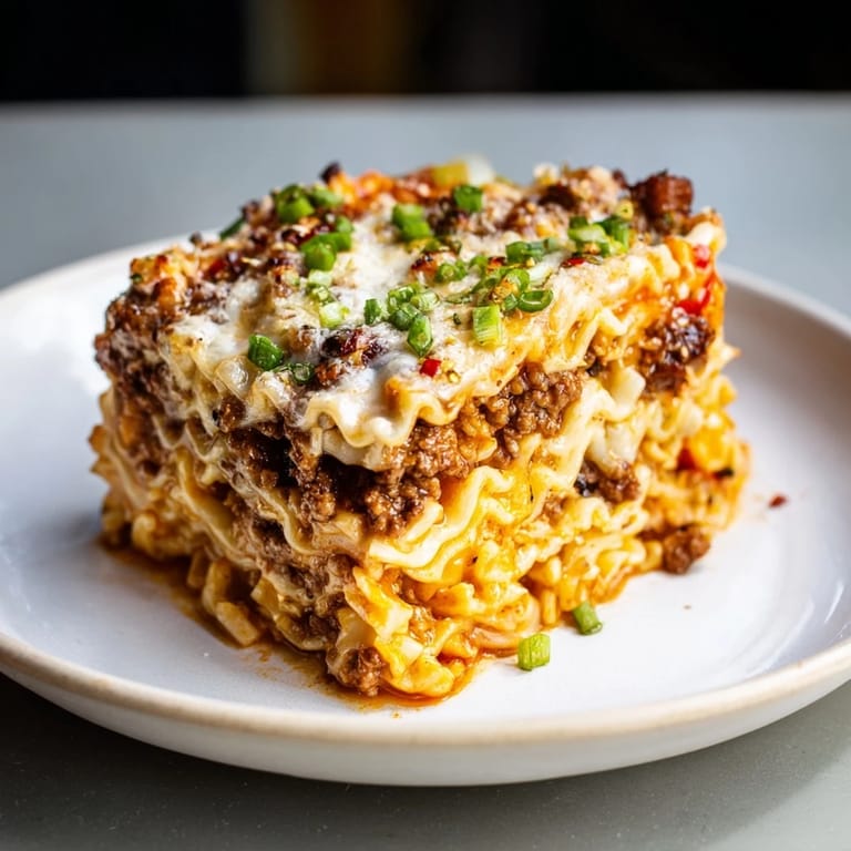 Savory slices of spicy ramen lasagna featuring noodles, tangy sauce, and creamy ricotta.