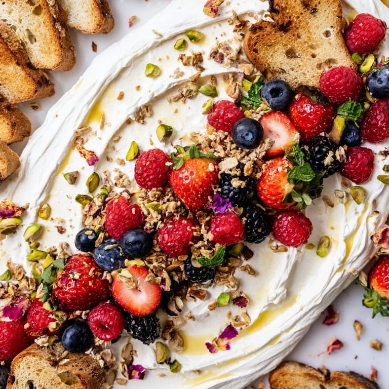 Shareable Butter Board Dessert topped with berries, nuts, and sweet drizzles.  