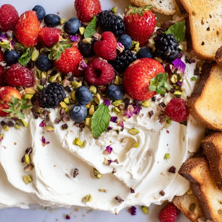 Decadent Butter Board Dessert featuring cream cheese and colorful fruit toppings.