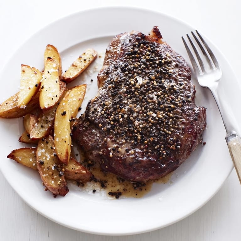 Indulgent Classic Peppercorn Ribeye drizzled with creamy sauce beside crispy, salt-seasoned fries.