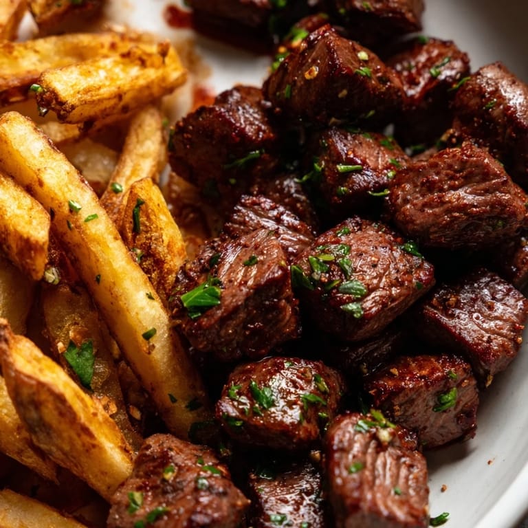 Flavorful blackened Cajun steak bites garnished with parsley, nestled beside crispy fries.