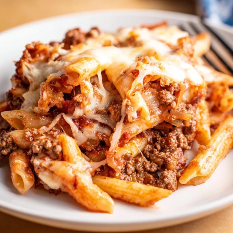 Comforting Cheesy Beef & Penne Bake, bursting with savory flavors and gooey cheese.  