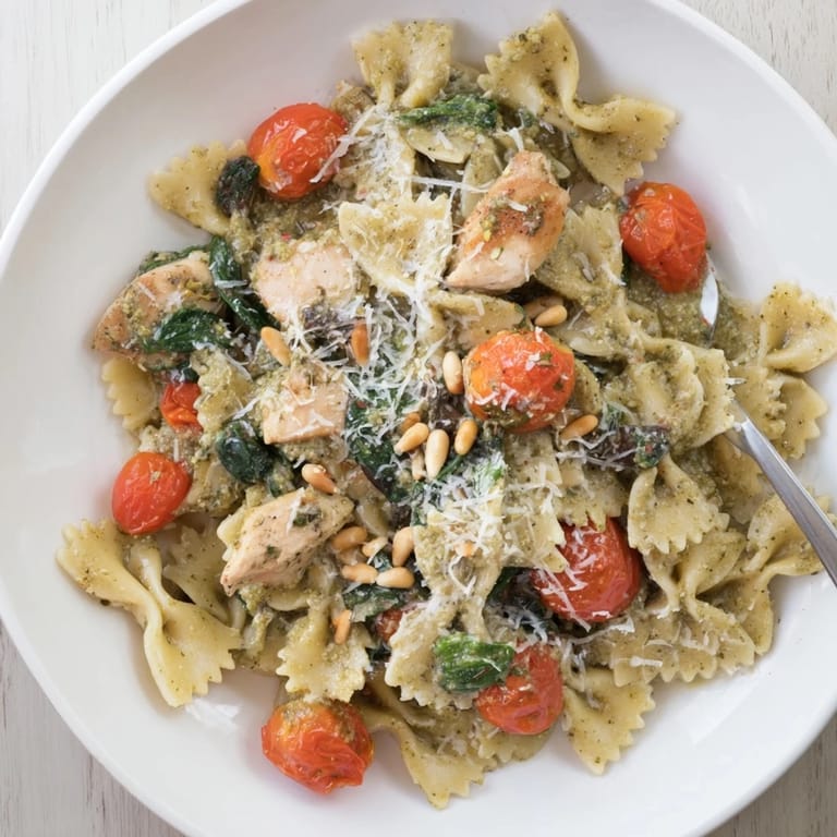Deliciously rich Pesto Chicken Bowtie Pasta served with cherry tomatoes and Parmesan.