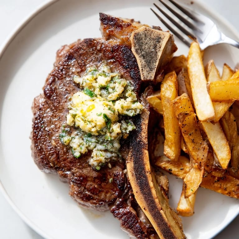 Sizzling Steakhouse Garlic Butter Steak topped with vibrant herbs and crispy fries.  