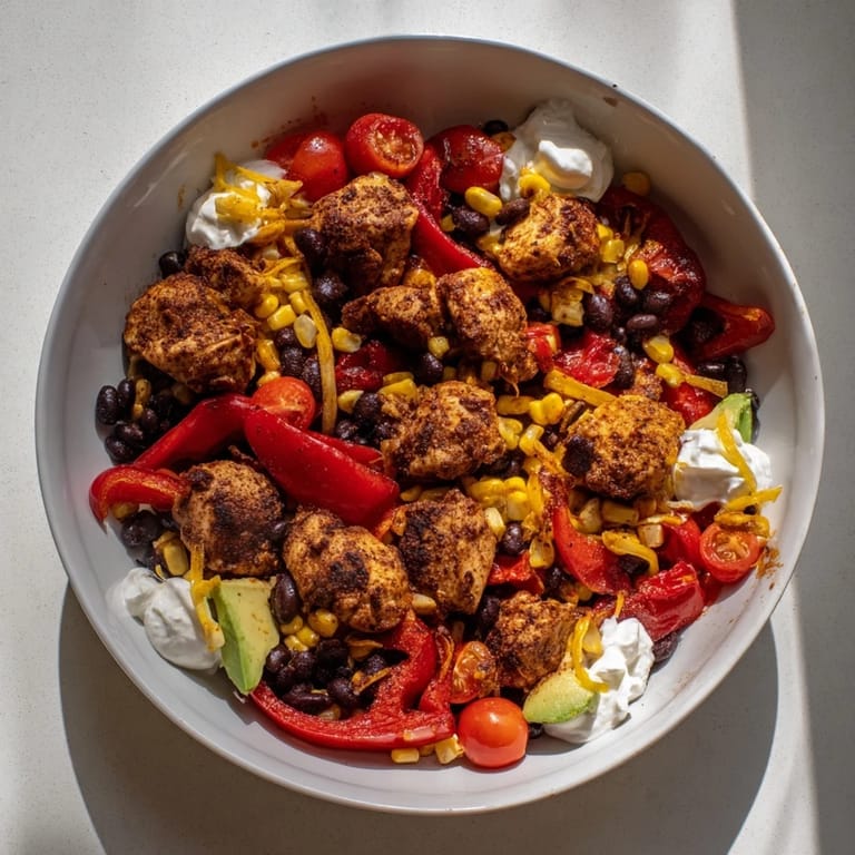 A close-up view of Sheet Pan Chicken Burrito Bowls shows a healthy, delicious, flavorful meal.