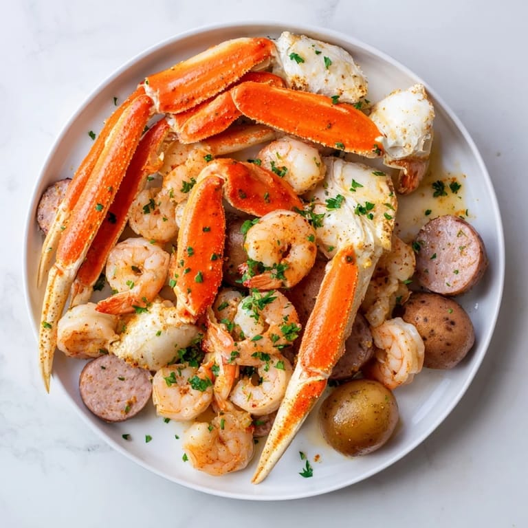 A delicious seafood boil with crab, shrimp, and sausage piled high, perfect for sharing.