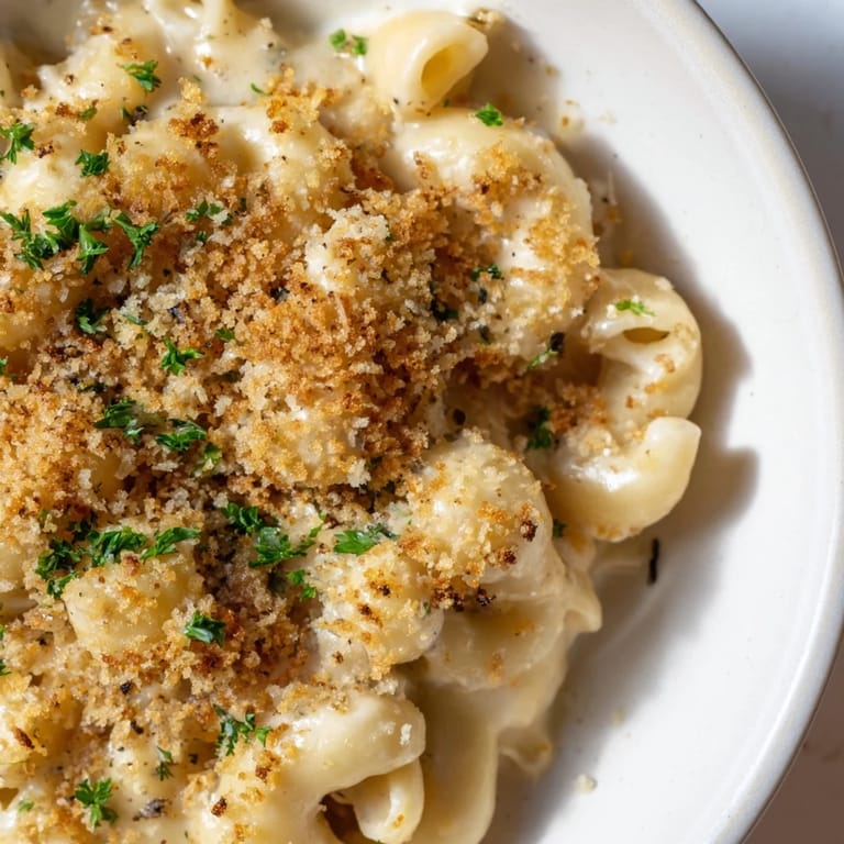 Warm, creamy truffle macaroni & cheese, topped with crispy breadcrumbs and fresh parsley, ready to eat.