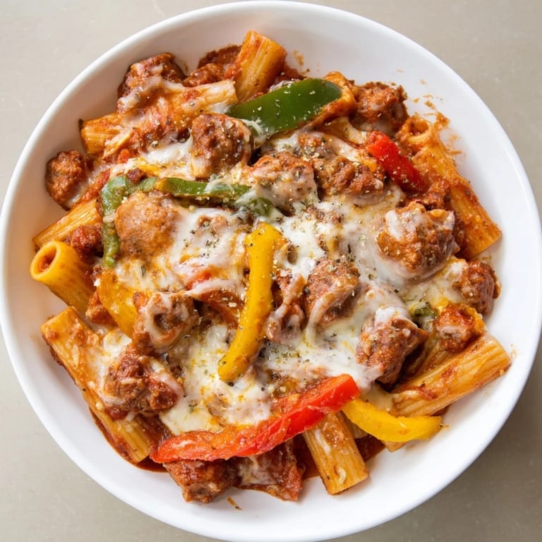 Golden-brown baked rigatoni with sausage & peppers, a comforting Italian-American pasta dish, served steaming hot.