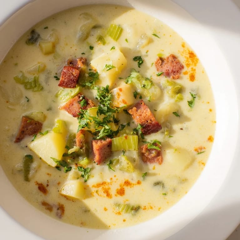 Close-up of the flavorful Potato, Leek & Chorizo Soup, perfect for a cozy, gluten-free dinner.