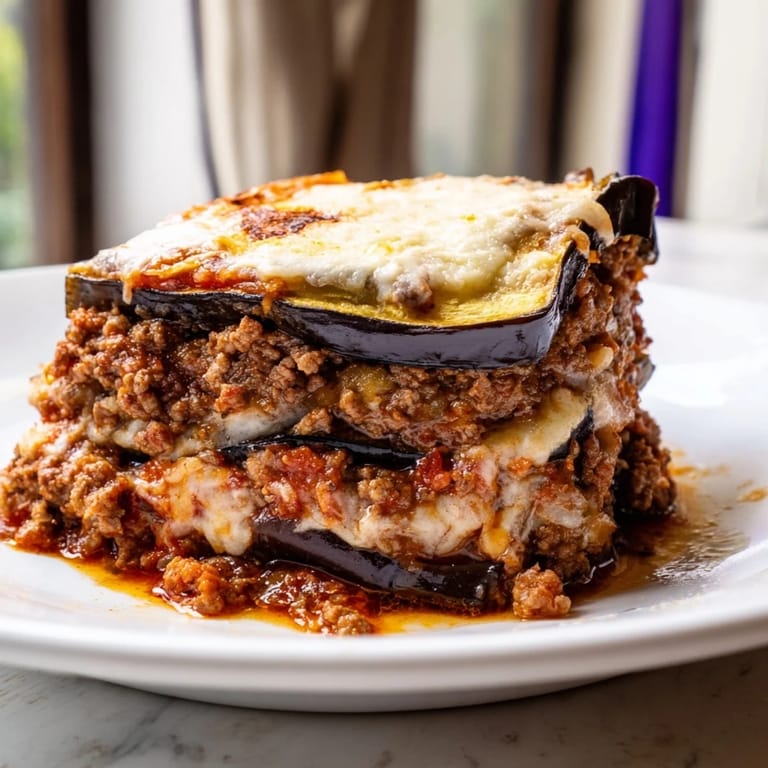 A close-up shot of a baked moussaka, showcasing its perfectly layered ingredients and bubbly topping.
