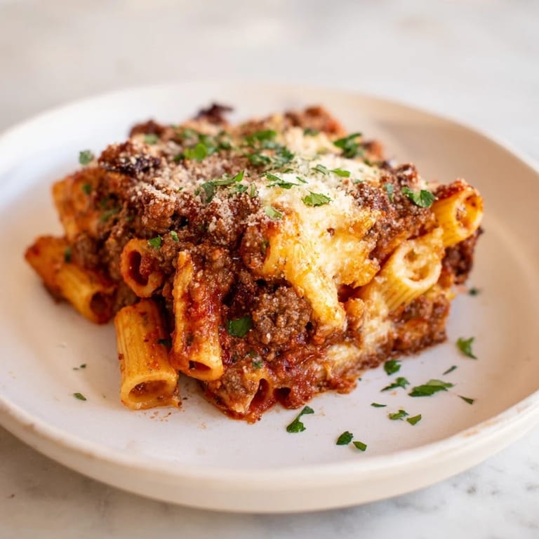 Golden-brown, bubbly Baked Ziti with Meat Sauce, a classic Italian-American casserole with irresistible layers.