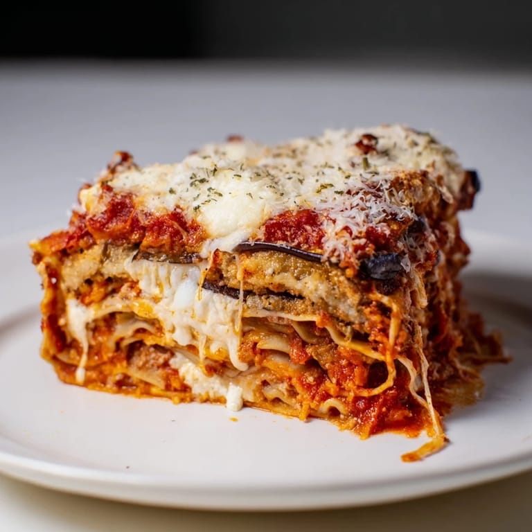 A hearty slice of Eggplant Parmesan Lasagna, showing off the creamy ricotta and rich tomato sauce.