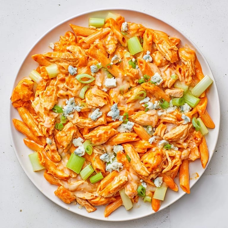 Steaming Buffalo Chicken Pasta Skillet, featuring tender chicken and rich buffalo sauce, ready to serve and enjoy.