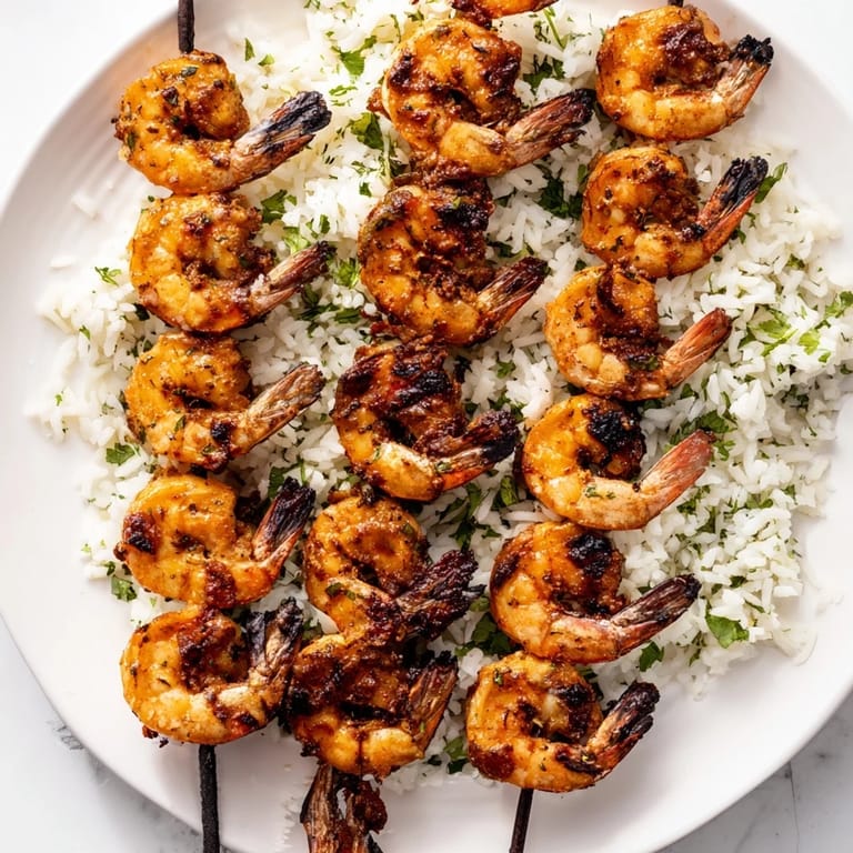 Grilled shrimp skewers with the chipotle lime marinade atop fluffy cilantro-lime rice: perfect!