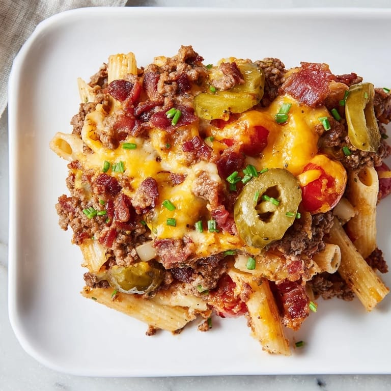 A bubbling, golden-brown Bacon Cheeseburger Pasta Bake with a sprinkle of fresh chives on top, ready to serve.