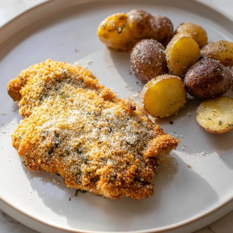 This photo features the juicy Parmesan crusted chicken and roasted potatoes ready for a satisfying dinner.