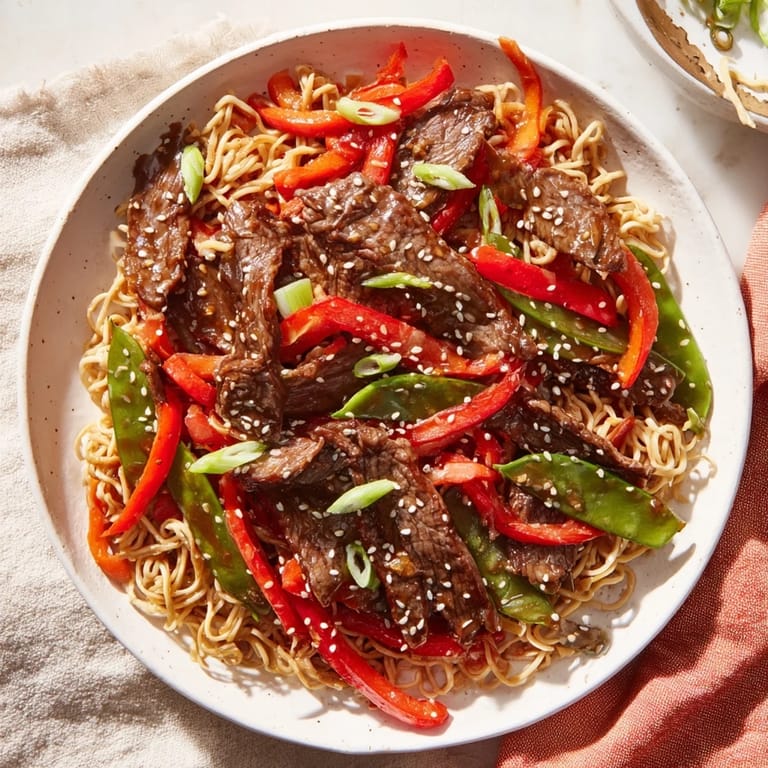 A hearty Teriyaki Beef & Noodle Bowl with sesame seeds scattered over savory beef and noodles.