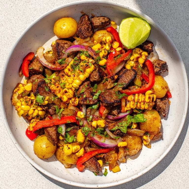 This Southwest Steak & Potato Skillet recipe shows a delicious, hearty meal served with fresh cilantro.