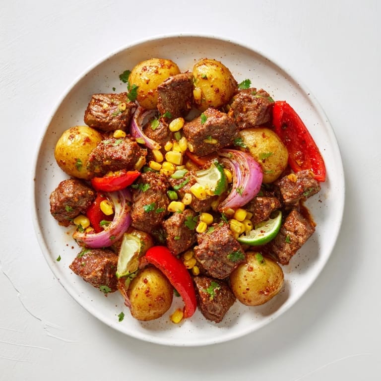 Enjoy a steaming, flavorful Southwest Steak & Potato Skillet, ready to eat with a squeeze of lime.