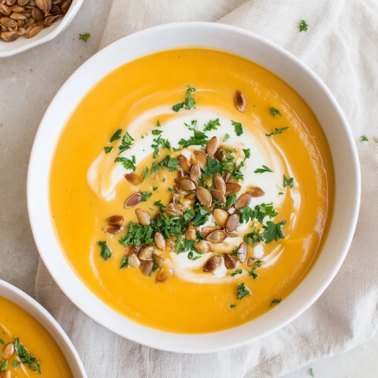 A close-up view of the vibrant orange butternut squash and pear soup, inviting warmth and flavor.