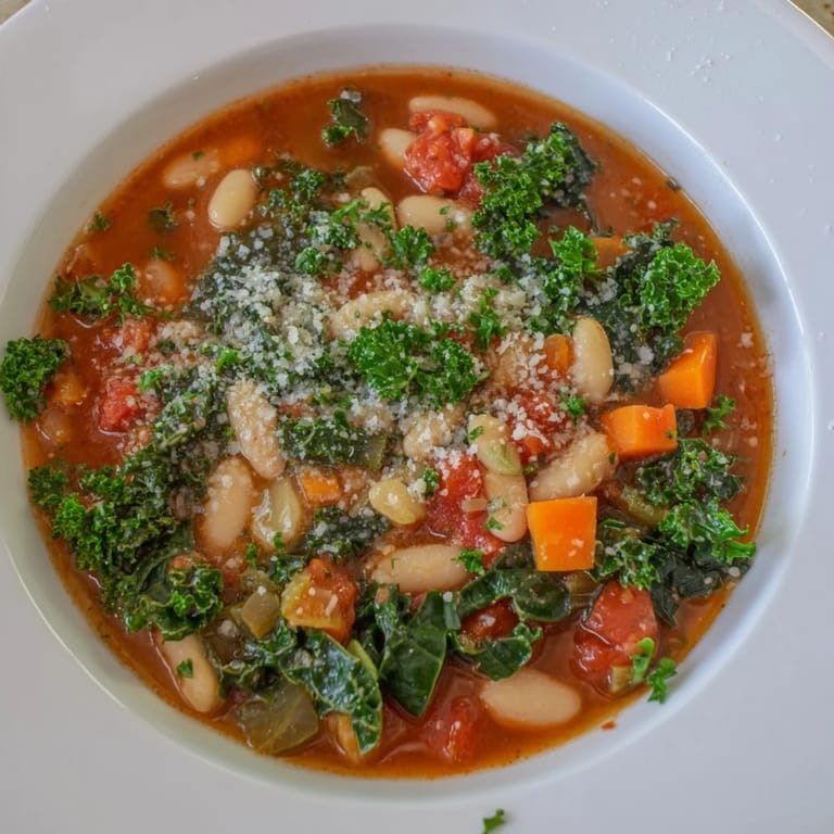 A close-up of the flavorful Italian Bean & Kale Stew, thick with beans and vegetables, ready to be enjoyed.