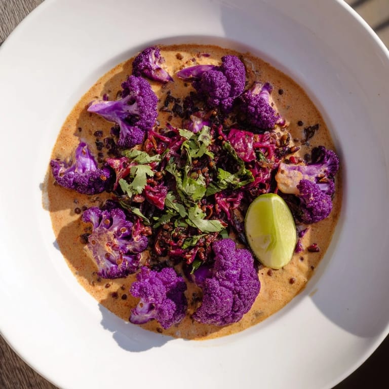 This vibrant dish, Red Cabbage, Cauliflower & Coconut Dhal, showcases tender vegetables in a spiced coconut broth.