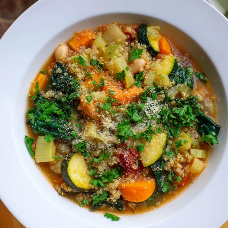 Close-up of a colorful bowl of Minestrone with Quinoa, showing a rich, vegetable-filled texture.