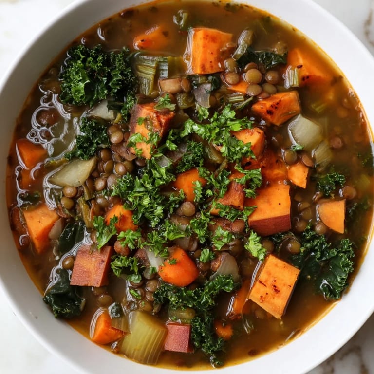 A close-up of hearty Winter Vegetable & Lentil Soup featuring vibrant carrots and tender lentils.