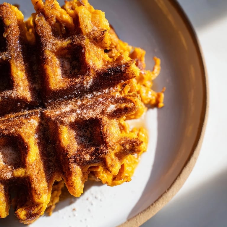 Delicious sweet potato waffle recipe served warm with fresh fruit and a dollop of yogurt.