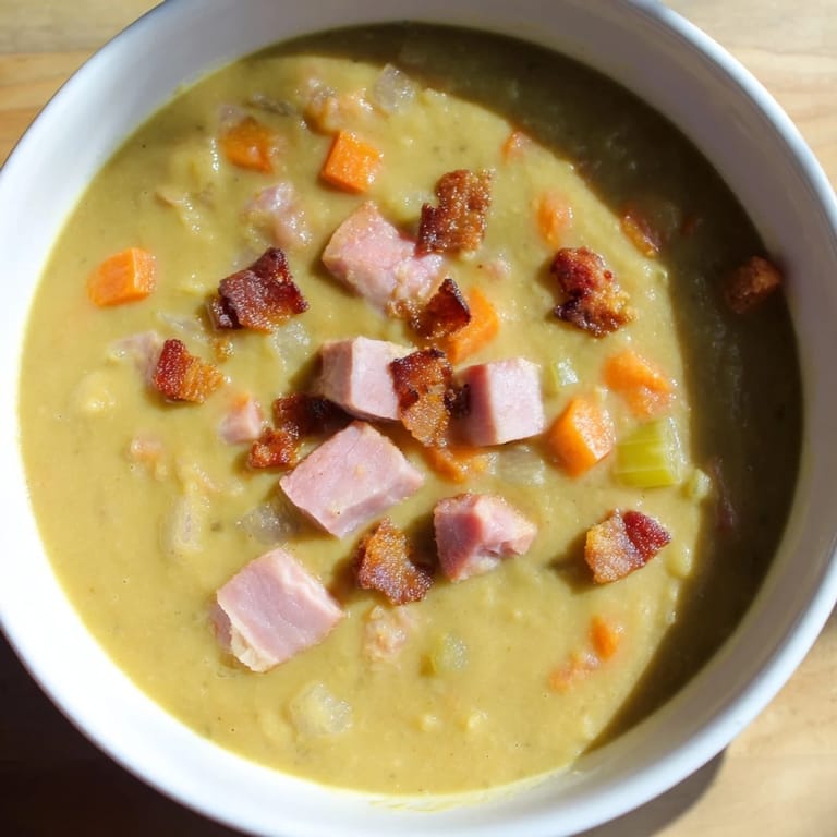 Creamy homemade split pea soup with ham, smelling of smoky bacon, is perfect comfort food.
