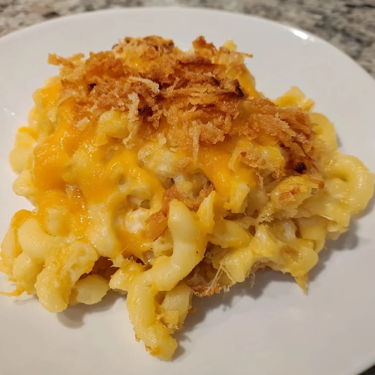 A close-up of creamy, homemade mac and cheese featuring evaporated milk for a rich sauce.