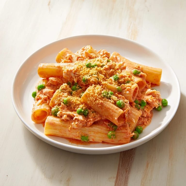 A close-up of a creamy and flavorful tuna pasta bake, ready to be served for dinner.