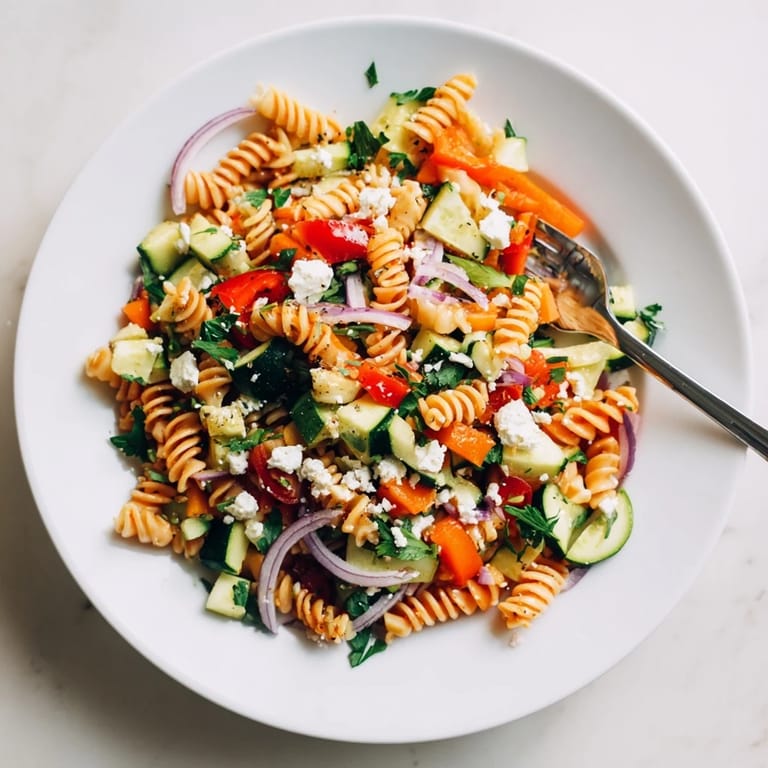 This delicious pasta salad features a medley of vibrant veggies, coated in a bright, zesty dressing.