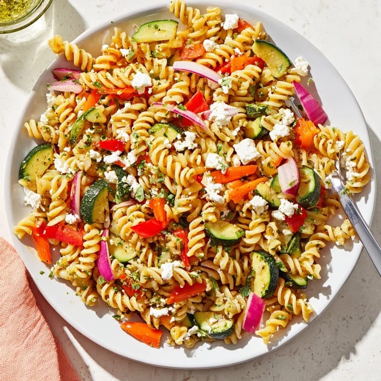 A close-up shot of pasta salad, showcasing the tender pasta and hearty seasonal vegetables, ready to eat.