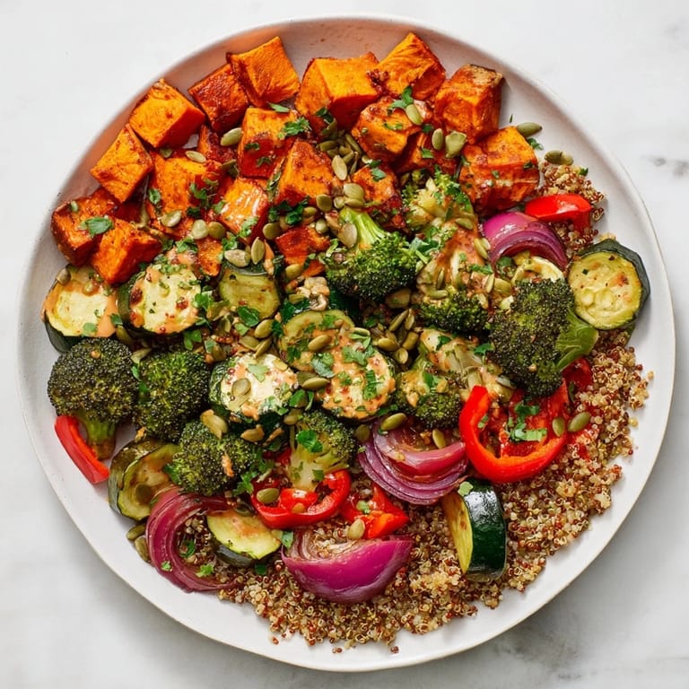 Vibrant photo of a healthy quinoa bowl with roasted seasonal veggies, ready to enjoy with a zesty dressing.
