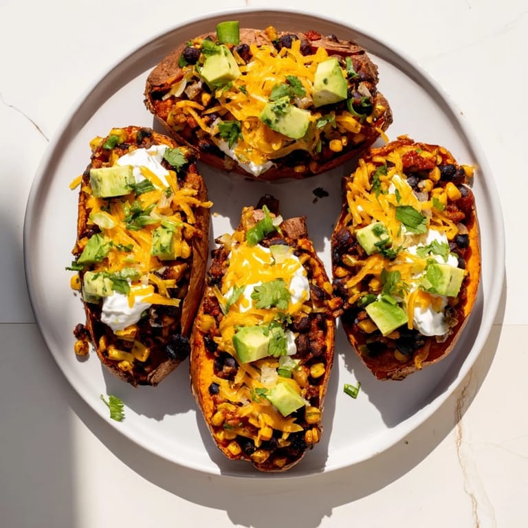 A close-up shot of hearty Loaded Baked Sweet Potatoes, bursting with colorful, savory toppings.