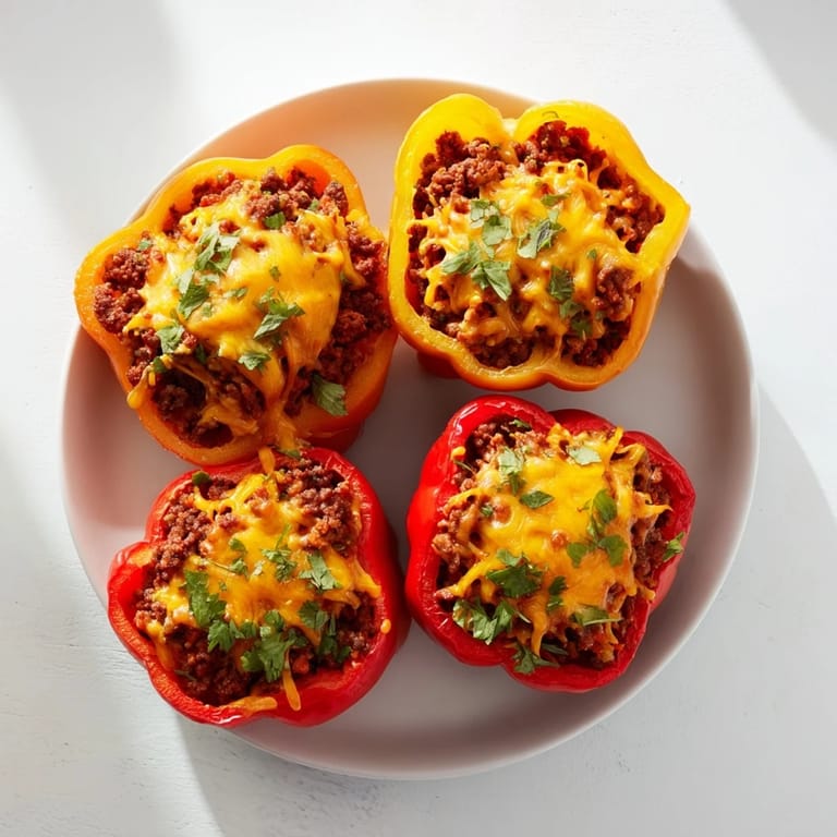These juicy Sloppy Joe stuffed bell peppers show the savory beef and tomato filling topped with melted cheddar.