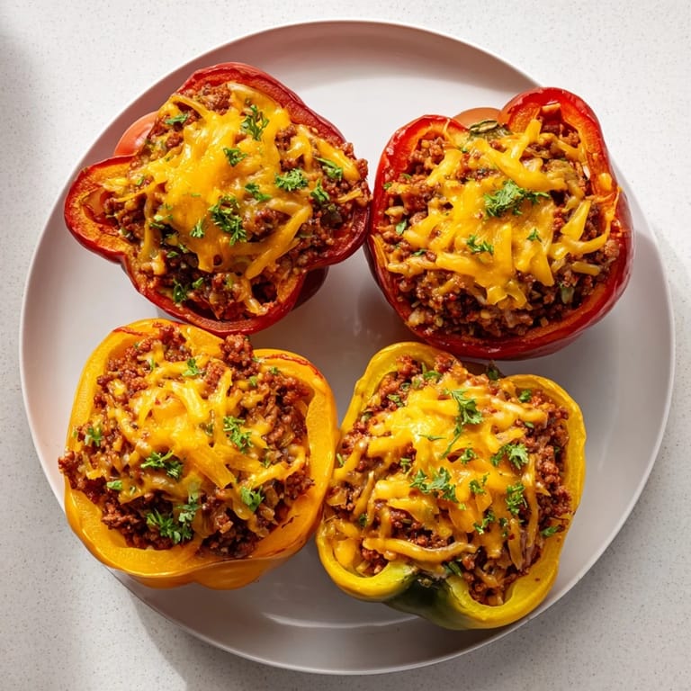 A close-up of a plated Sloppy Joe stuffed bell pepper, ready to eat, with melted cheese and fresh parsley.