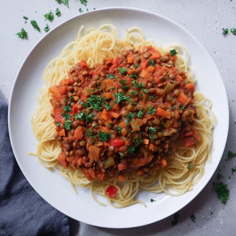 A flavorful bowl of hearty lentil bolognese, with fresh herbs and a satisfying texture.