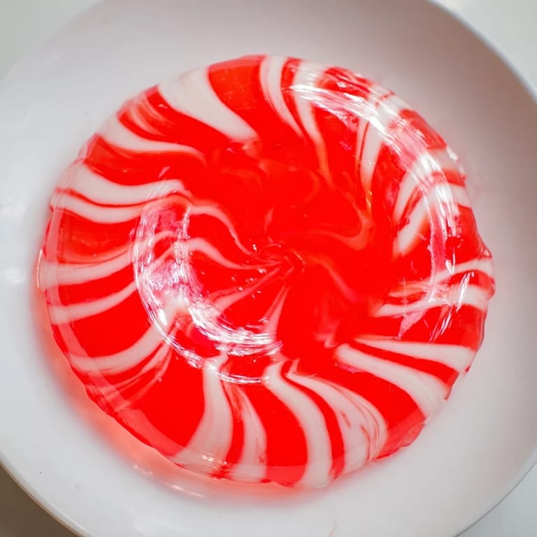 The warm, transparent glow of a melted no-bake peppermint candy bowl sits perfectly on a table.