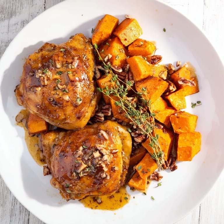 Close up of glazed chicken thighs and sweet potatoes, glistening from the maple syrup's savory sweetness.