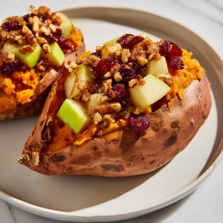 Warm aroma and taste of sweet, spiced Cranberry Apple Twice-Baked Sweet Potatoes, ready to serve as a vegetarian entree.