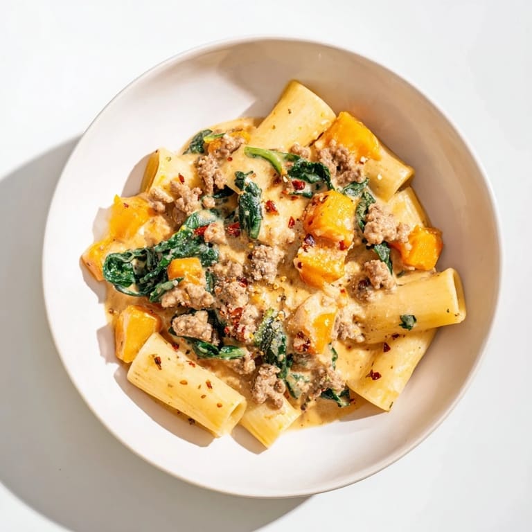 Golden-yellow creamy rigatoni with butternut squash, the perfect taste of Italian comfort food served hot.