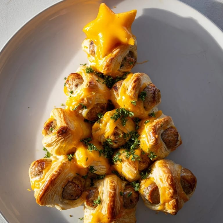 Melted butter glistens on a baked Express Pigs in Blanket Christmas Tree, perfect for a holiday party spread.