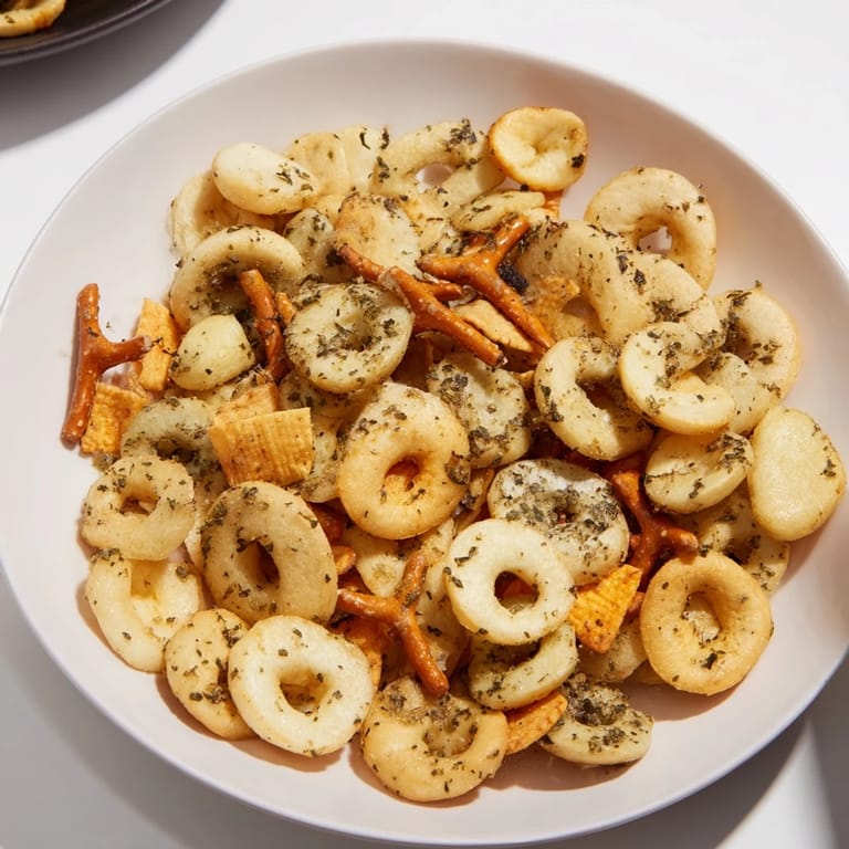 A close-up of delicious Air Fryer Bagel Chip Christmas Mix, with crunchy textures and colorful candies.
