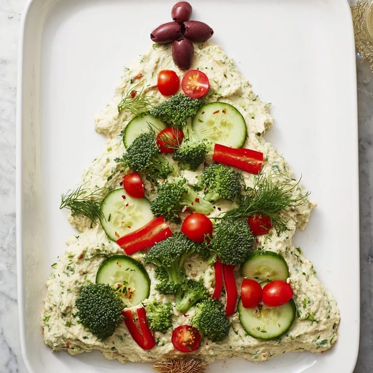 Close-up of a Christmas Tree Dip Platter, showing creamy dip ringed by fresh veggies and crackers, ready to serve.
