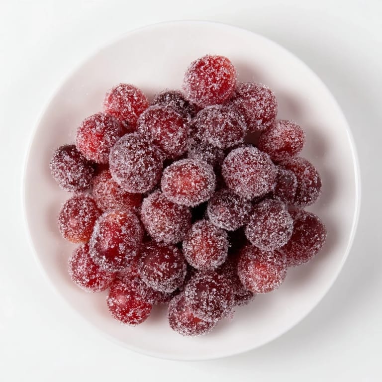 Vibrant red and green grapes, coated in sugar, make delightful quick festive frozen grape treats.