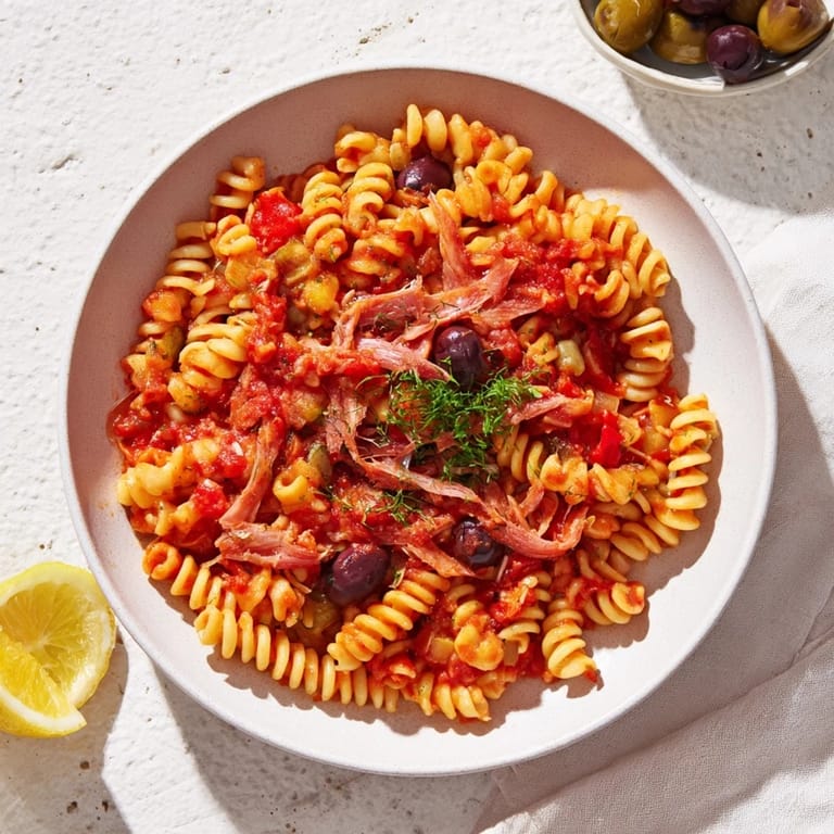 Close-up of savory Puttanesca Ditalini, featuring plump olives and garlic in a bubbling, rich tomato sauce.